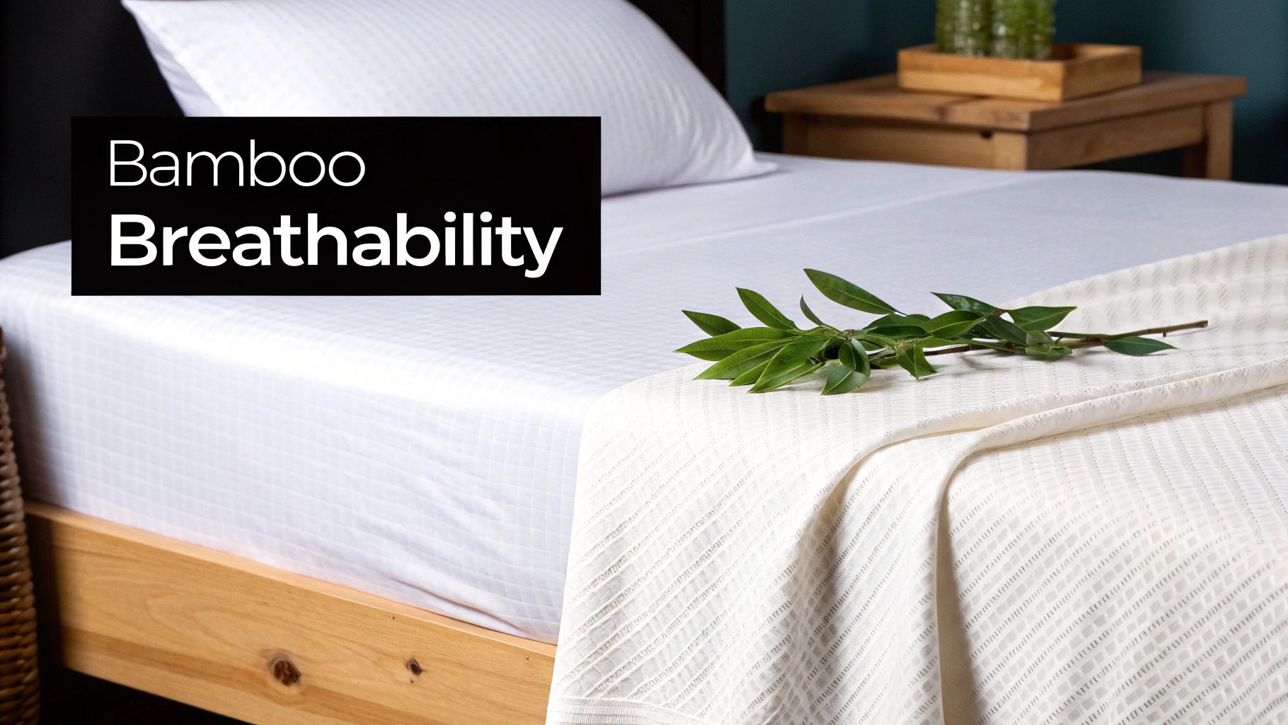 A bed with white bamboo sheets, a matching throw blanket, and a decorative green branch.
