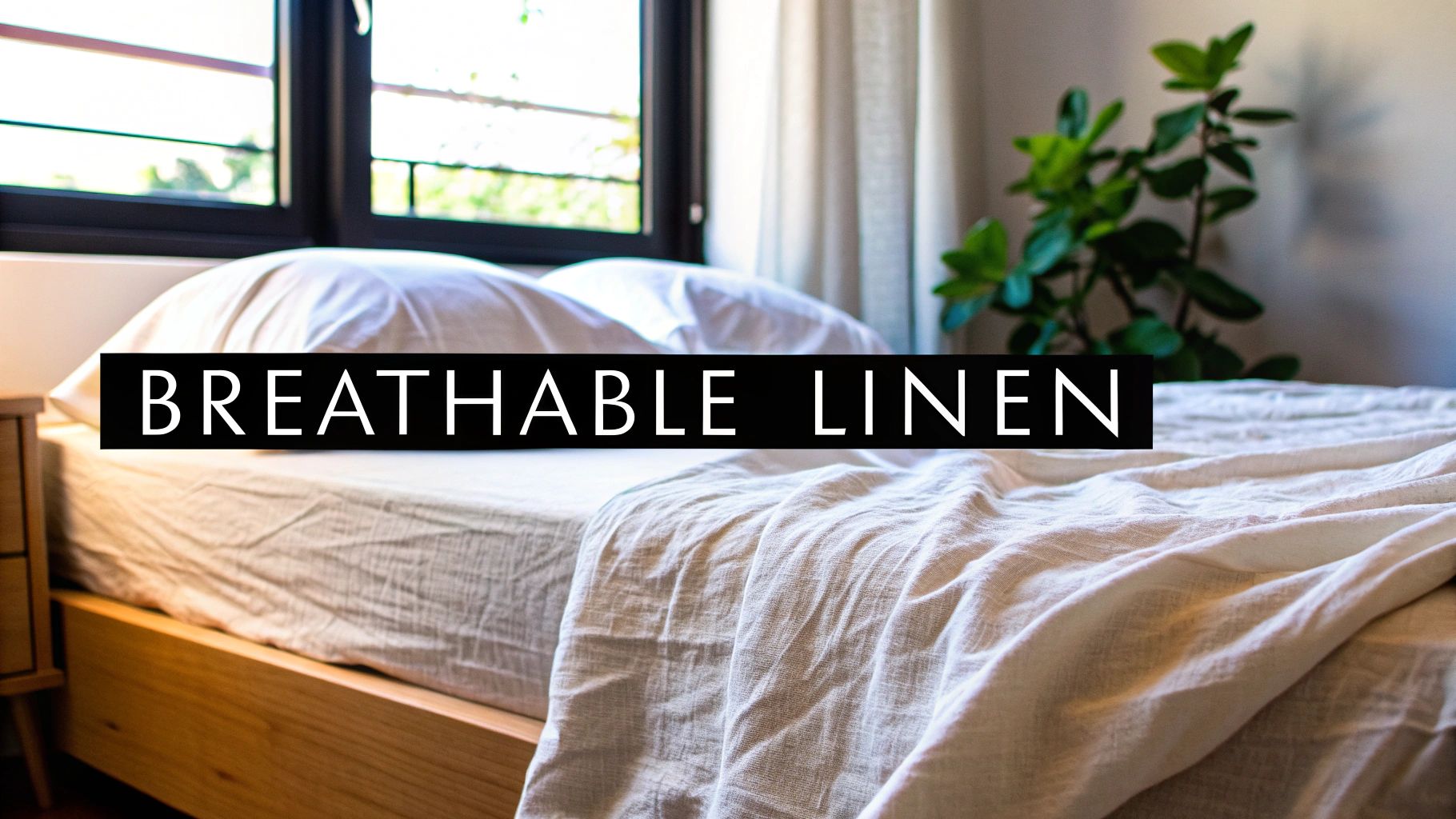 A bed with white breathable linen sheets and pillows in a bright room with a plant.