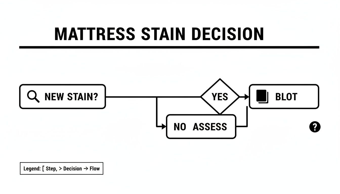 A flowchart showing the decision process for mattress stains, asking 'New Stain?' leading to 'Blot' or 'Assess'.