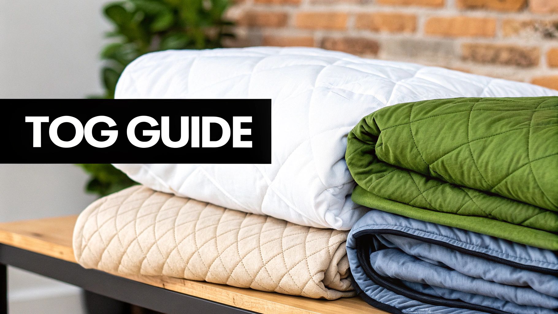 A stack of folded quilted blankets in white, beige, green, and blue, with 'TOG GUIDE' text.
