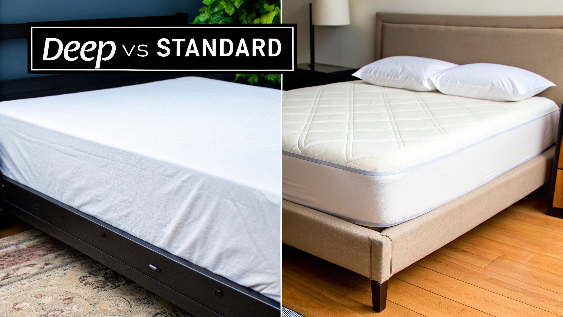 Side-by-side comparison of deep vs standard fitted sheets for different mattress depths.