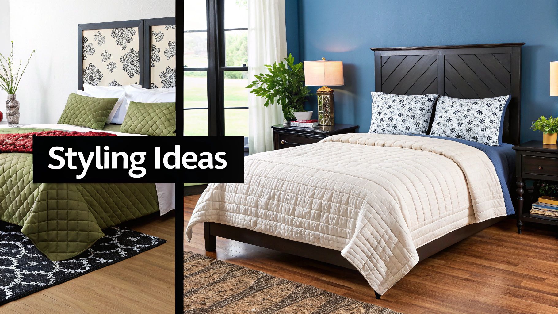 Two stylish bedrooms showcasing different quilted bedding, decorative headboards, and complementary decor.