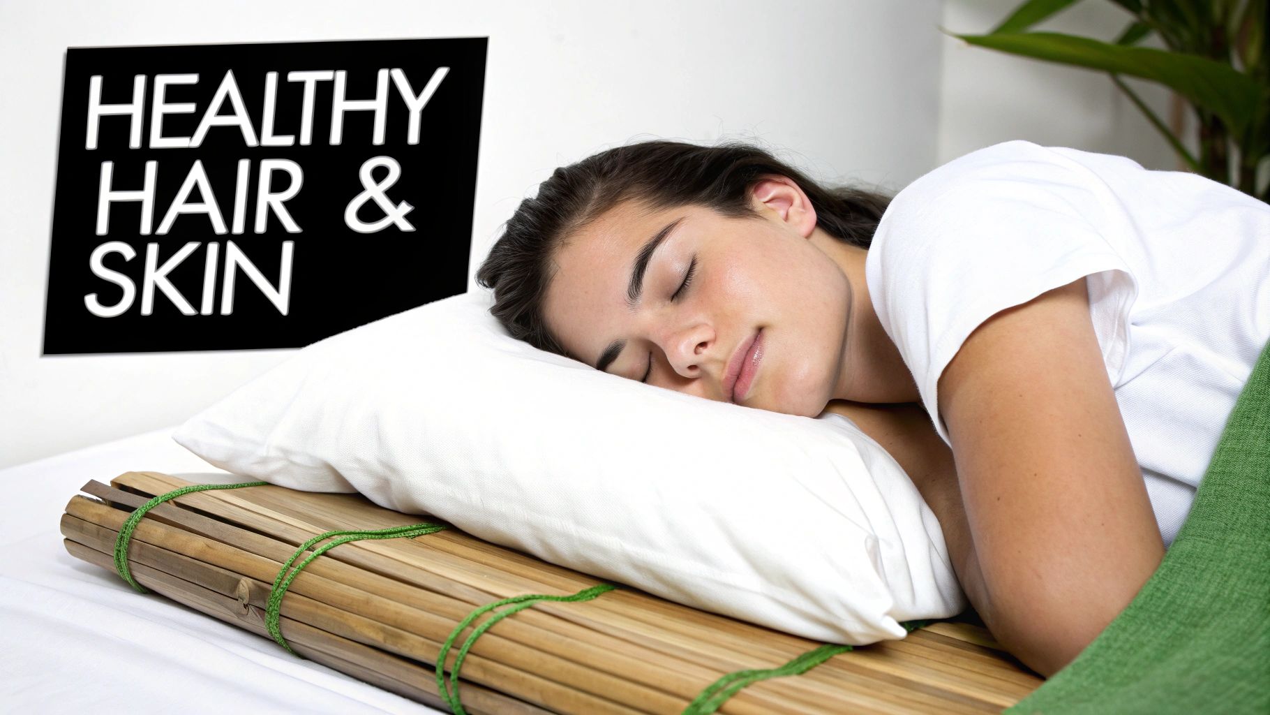A young woman peacefully sleeps on a pillow with a bamboo mat, promoting healthy hair and skin.