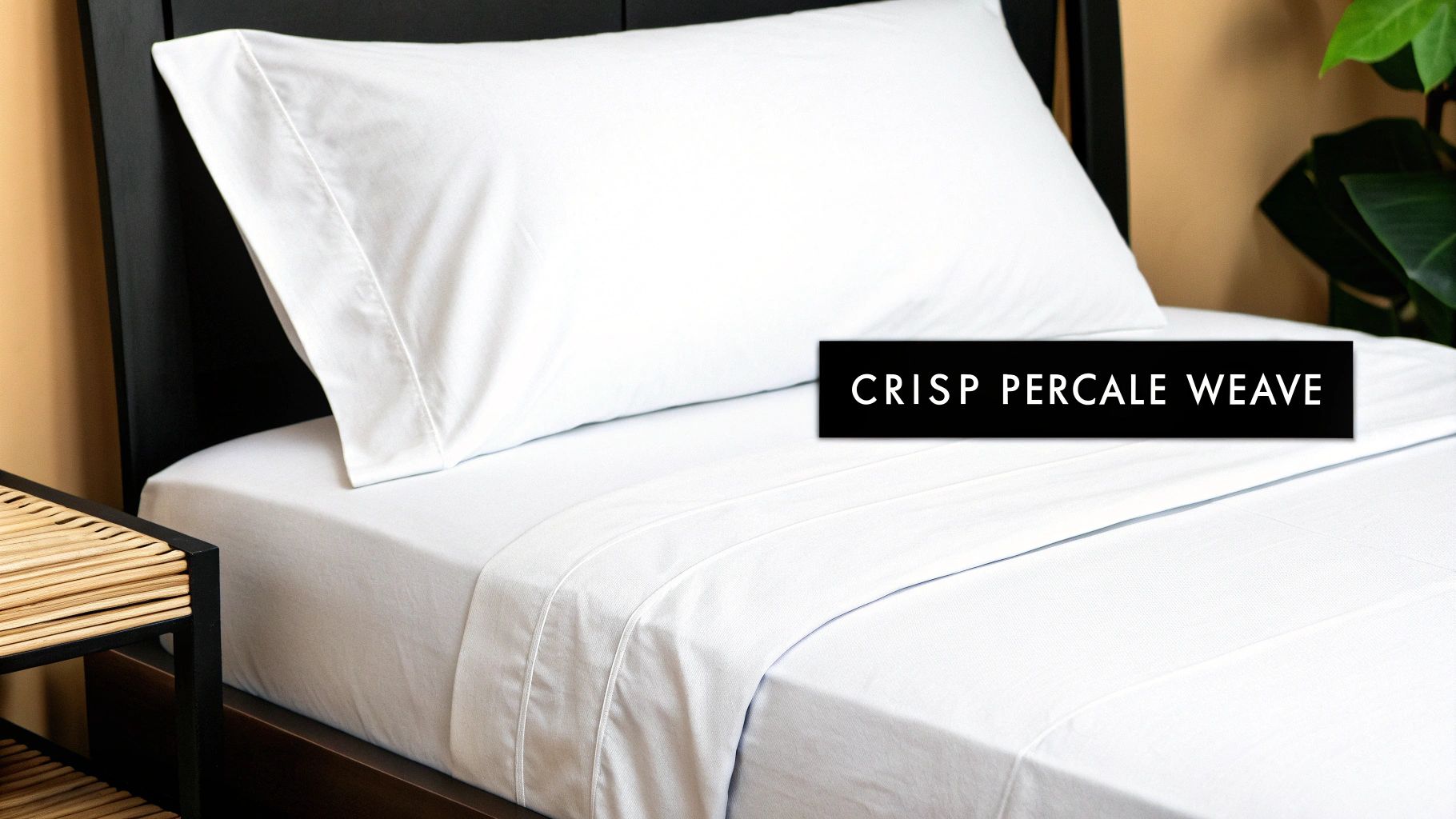 A close-up shot of white percale sheets and pillow on a bed, highlighting their crisp weave.