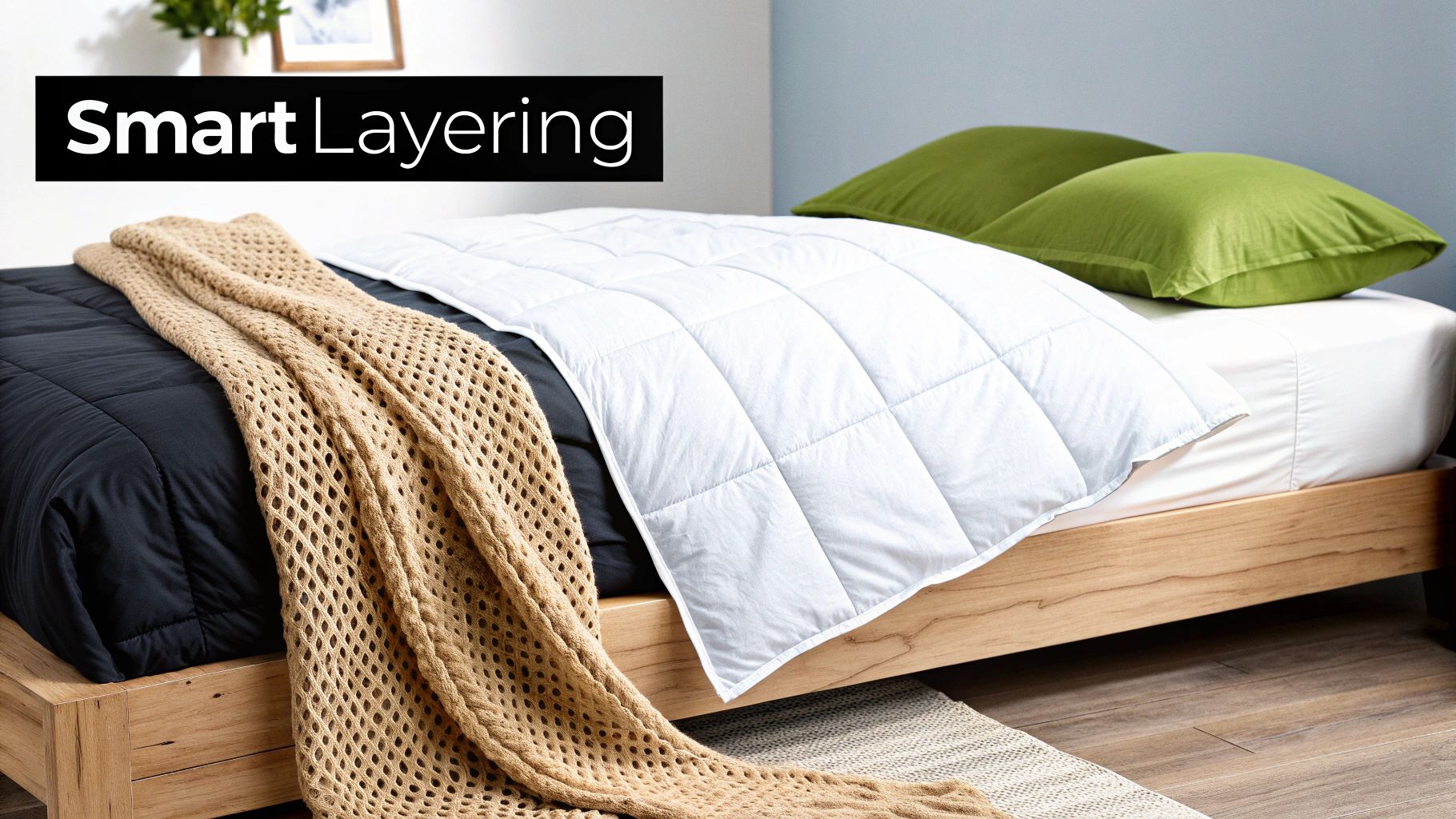 A beautifully layered bed with quilts, pillows, and a throw blanket.