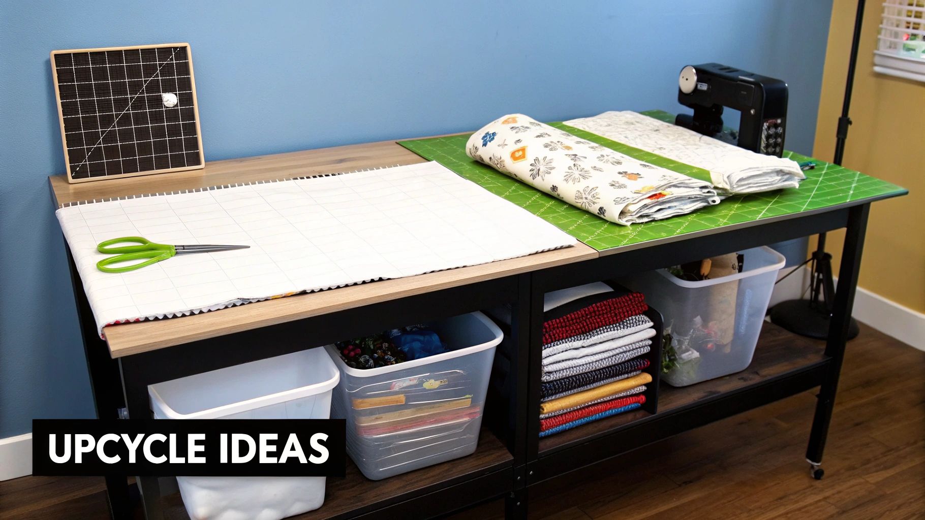 A organized sewing and crafting workspace featuring fabrics, scissors, a sewing machine, and storage.
