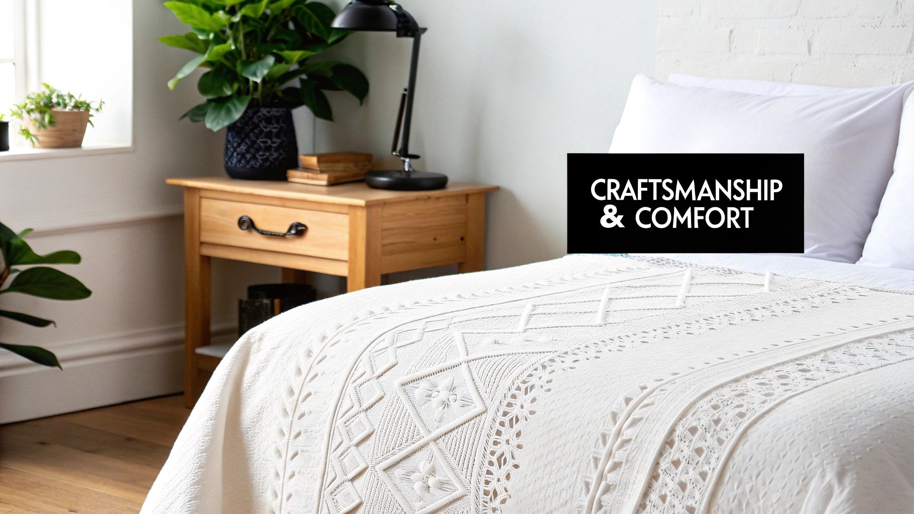 A beautifully styled bed featuring a white embroidered duvet cover.