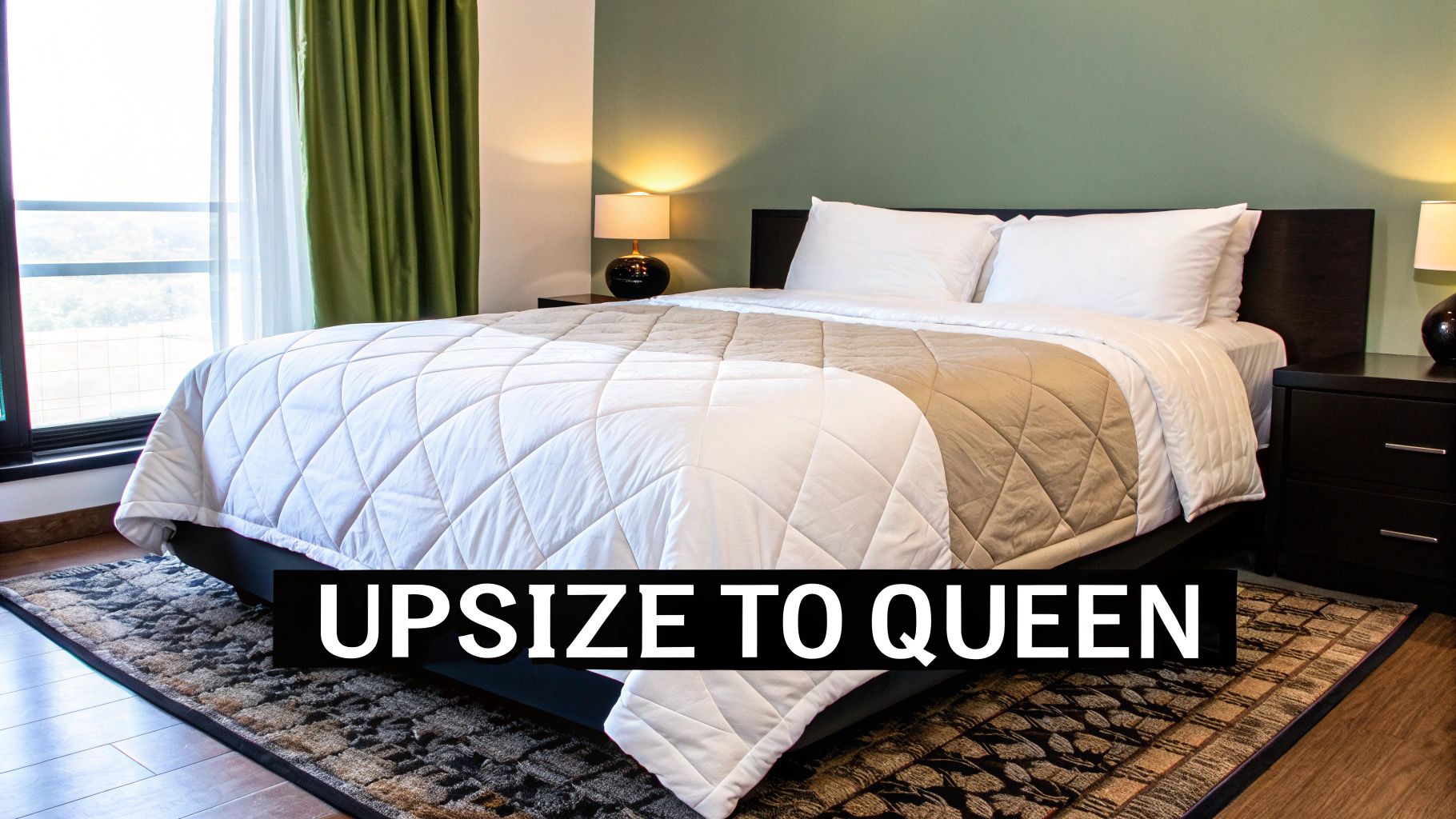 A bright hotel bedroom features a neatly made bed with white and beige bedding, nightstands, and lamps. Text reads "UPSIZE TO QUEEN".