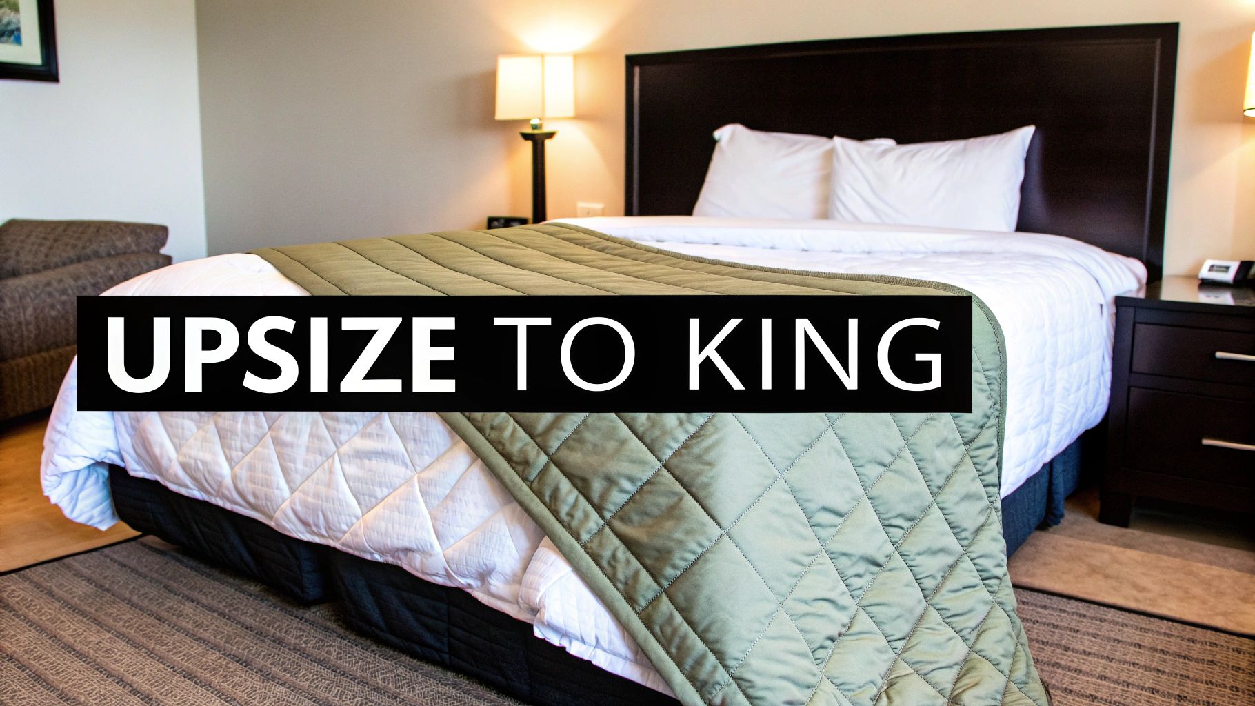 Hotel room with king size bed featuring white quilted bedding and olive green bed runner
