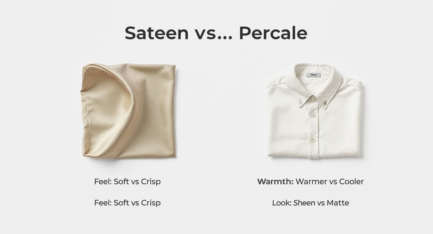 Infographic comparing the feel, warmth, and look of sateen and percale bed sheets.