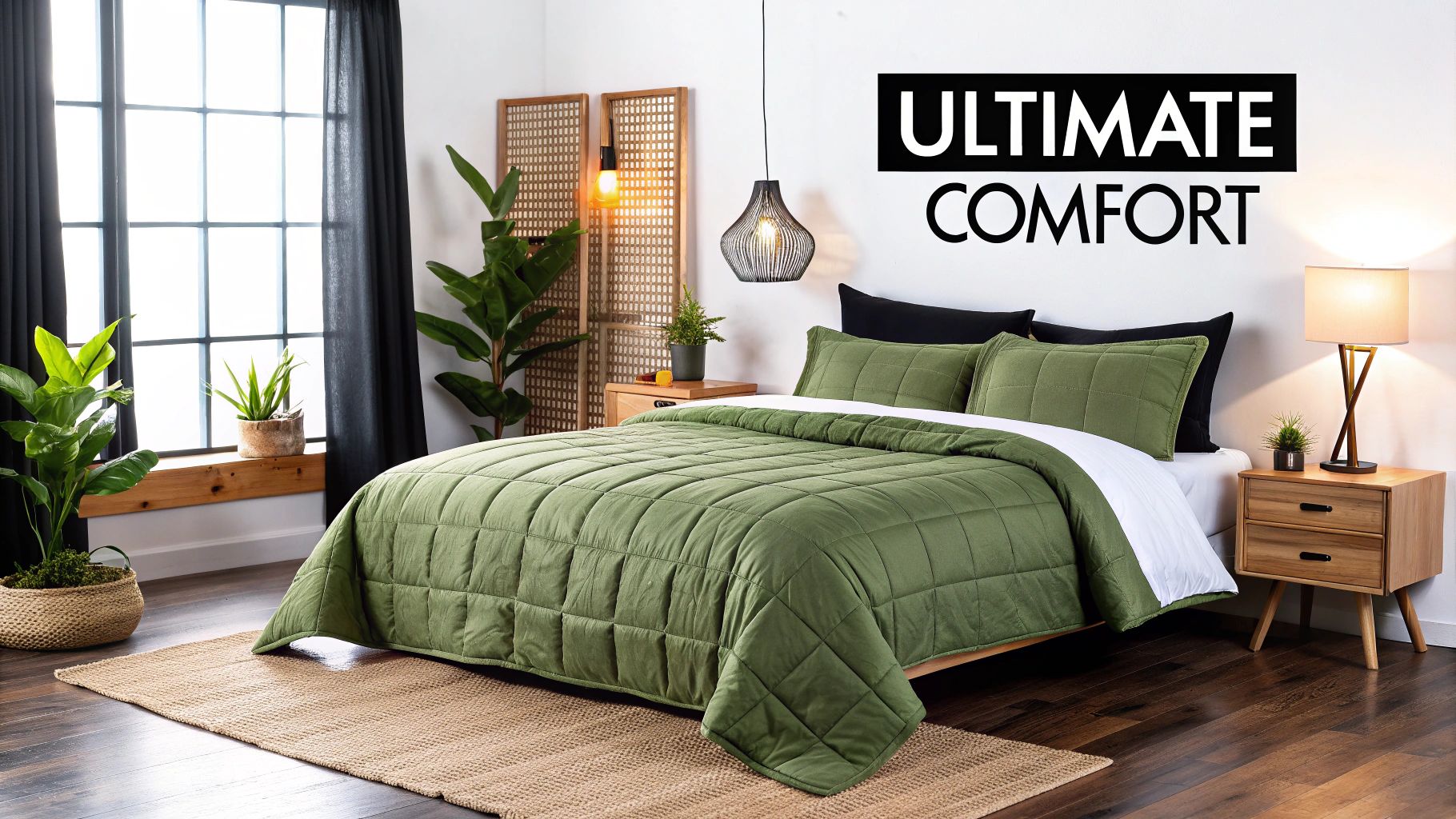 A neatly made bed featuring a bamboo quilt cover set in a calming, neutral colour, with soft morning light filtering into the bedroom.