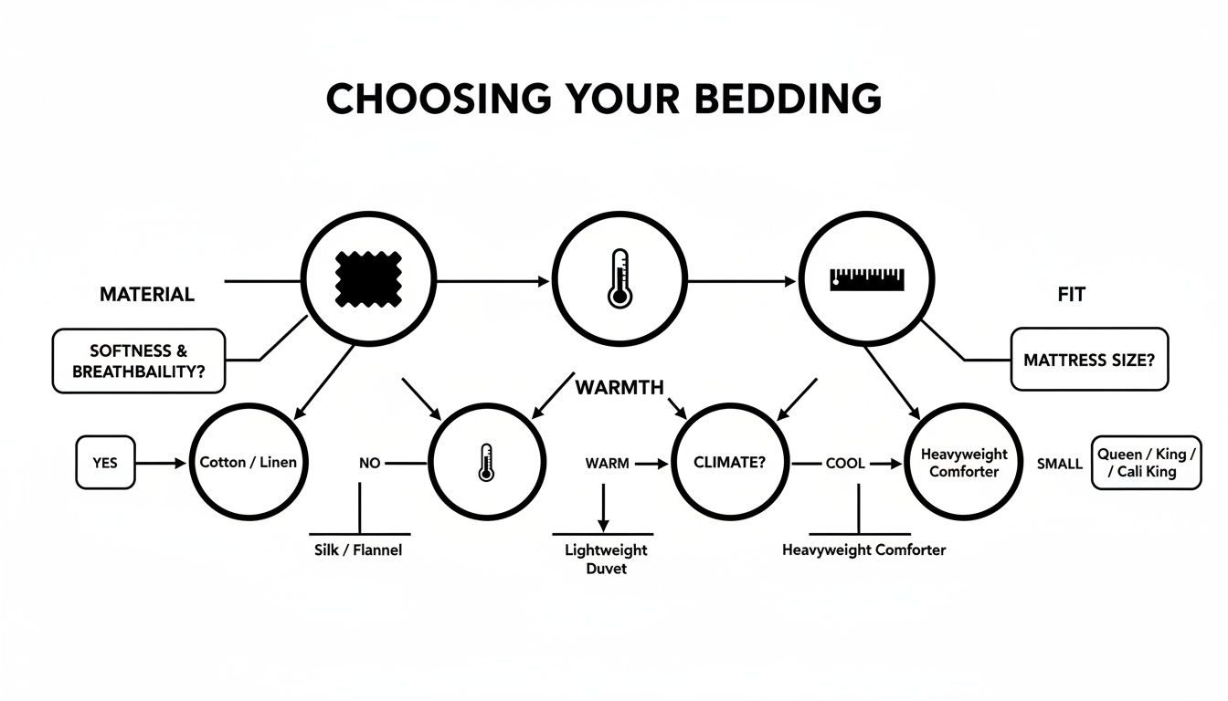 A flowchart titled 'Choosing Your Bedding' guides material, warmth, and fit choices based on preferences.