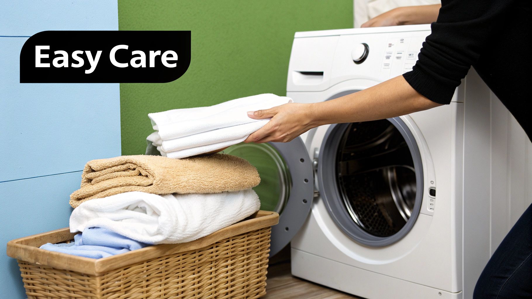 A neatly folded stack of clean, pale cotton sateen bedding on a wooden surface.
