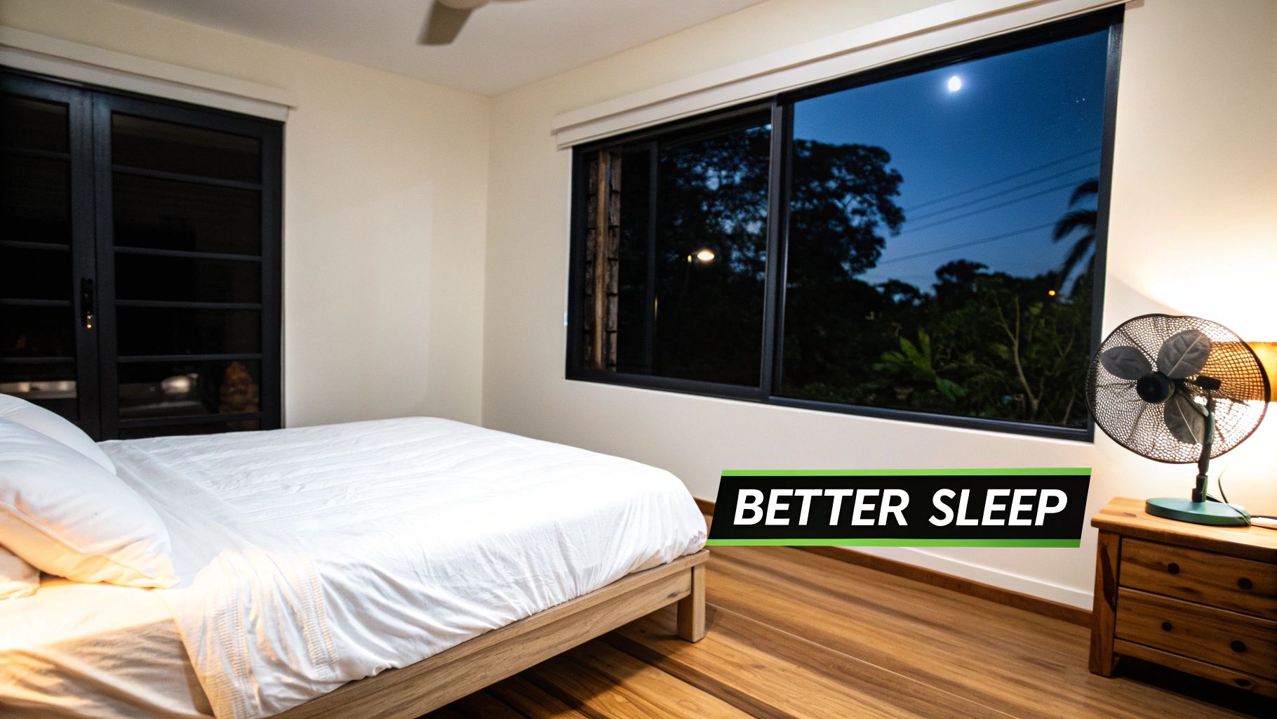 A serene bedroom at night with a wooden bed, white sheets, and a window showcasing a moonlit sky.