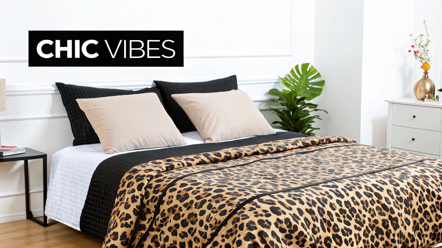 A close-up of a high-quality animal print comforter showing the texture of the fabric.