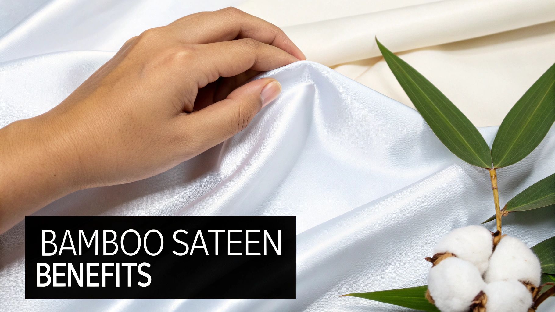 Hand touching luxurious white bamboo sateen fabric with cotton flower and bamboo leaves decoration
