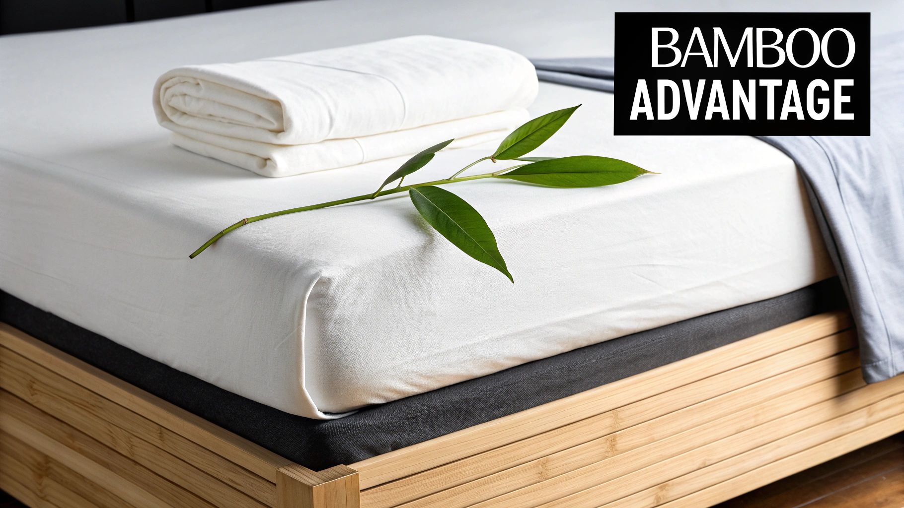White extra deep fitted sheet, folded linens, and bamboo branch on a natural wood bed.