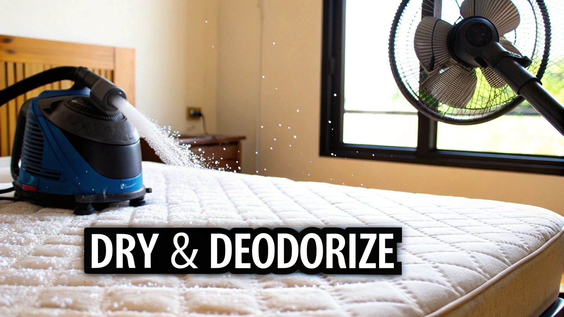 A cleaning machine sprays dry powder onto a mattress, with a fan aiding the drying process.