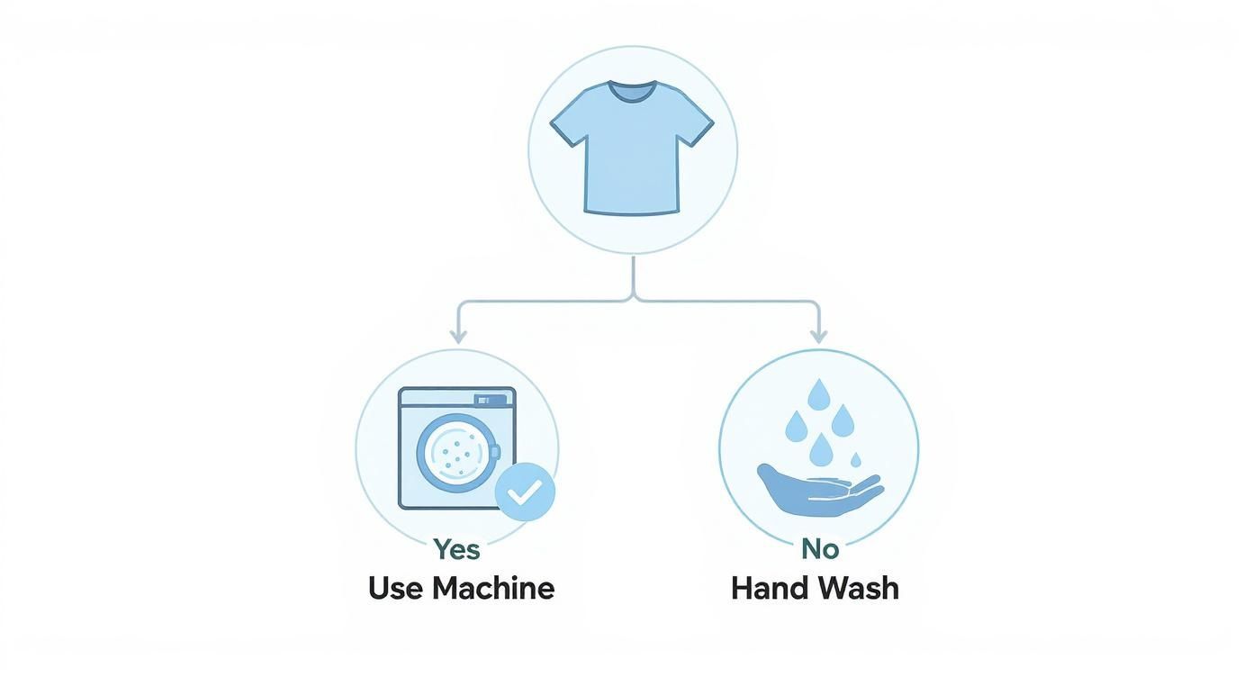 Flowchart showing t-shirt laundry care instructions with machine wash and hand wash options