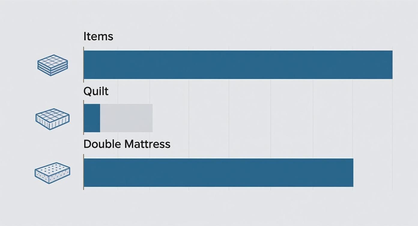 Horizontal bar chart comparing the relative sizes of items, a quilt, and a double mattress.