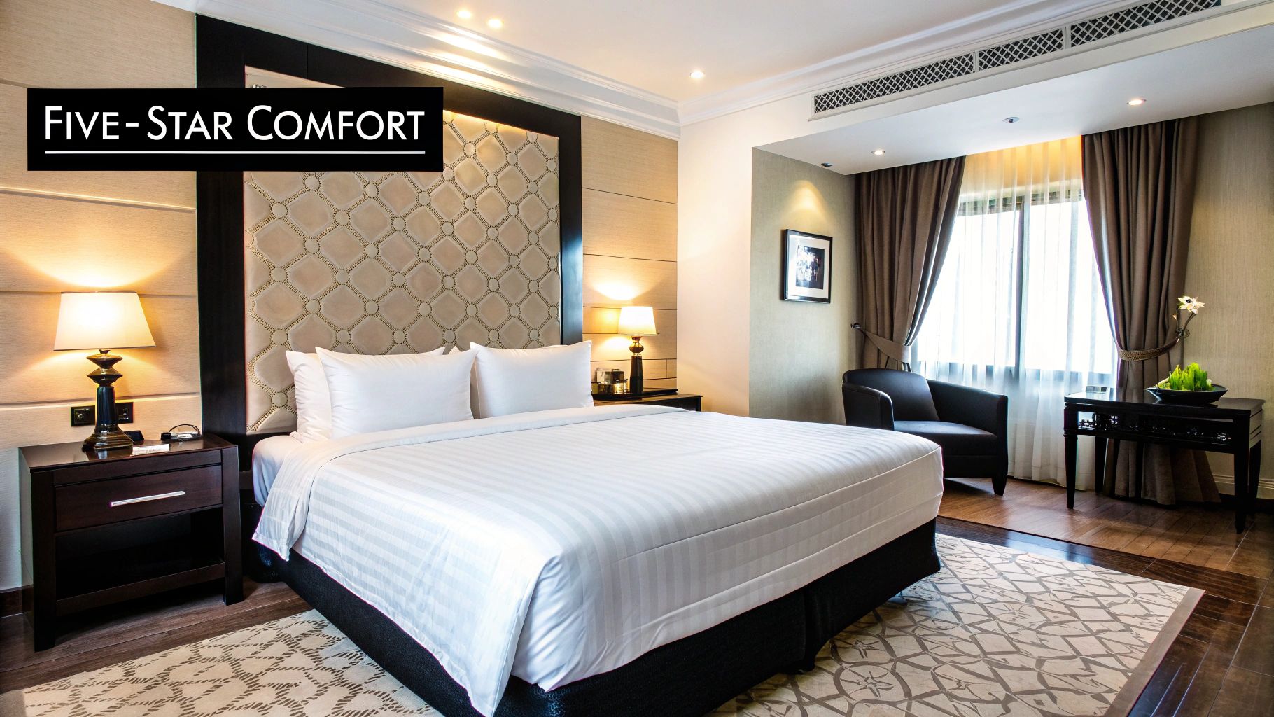 A perfectly made bed with crisp, white hotel-quality sheets