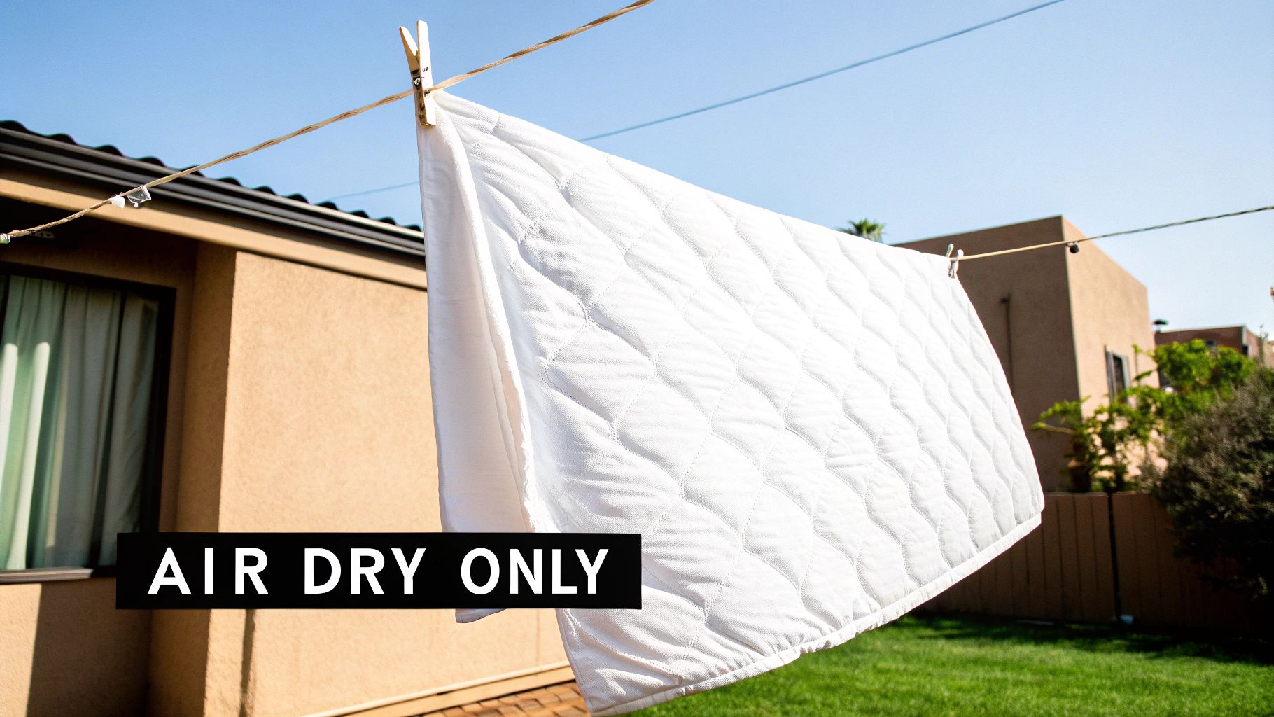 A person hanging a white mattress cover on an outdoor clothesline on a sunny day