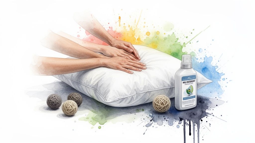 Hands pressing a soft white pillow next to detergent bottle and yarn balls with colorful splashes.