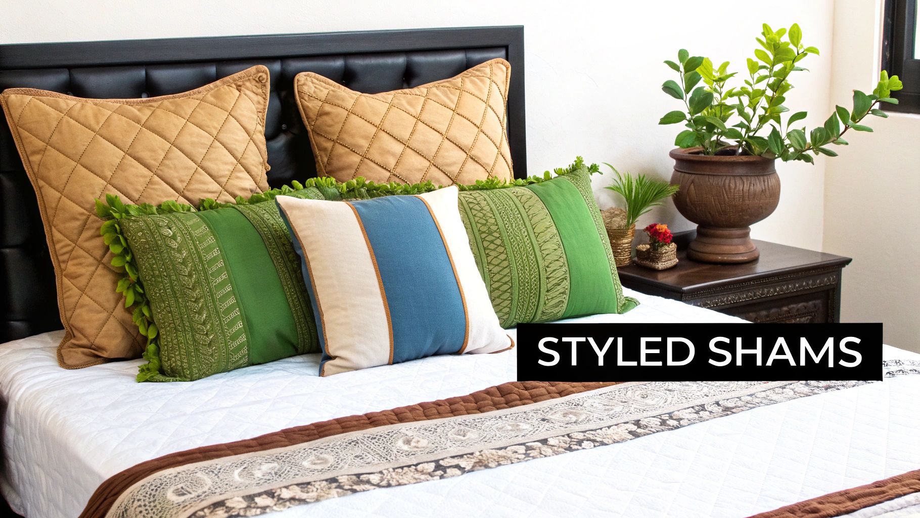 A perfectly styled bed showcasing layered pillow shams in a bright, modern bedroom.