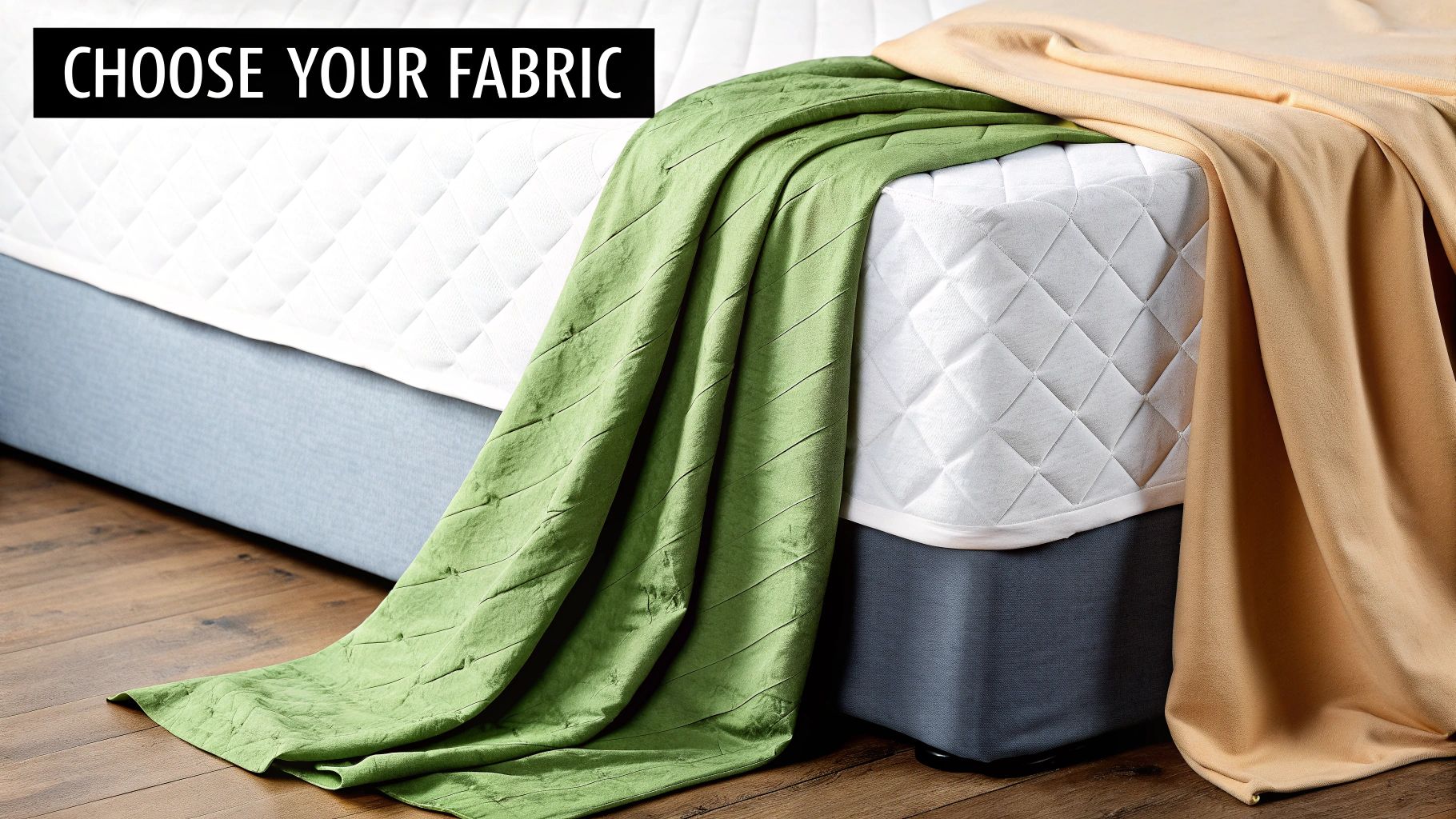 Bed with white quilted mattress, a grey base, and green and beige fabric swatches.