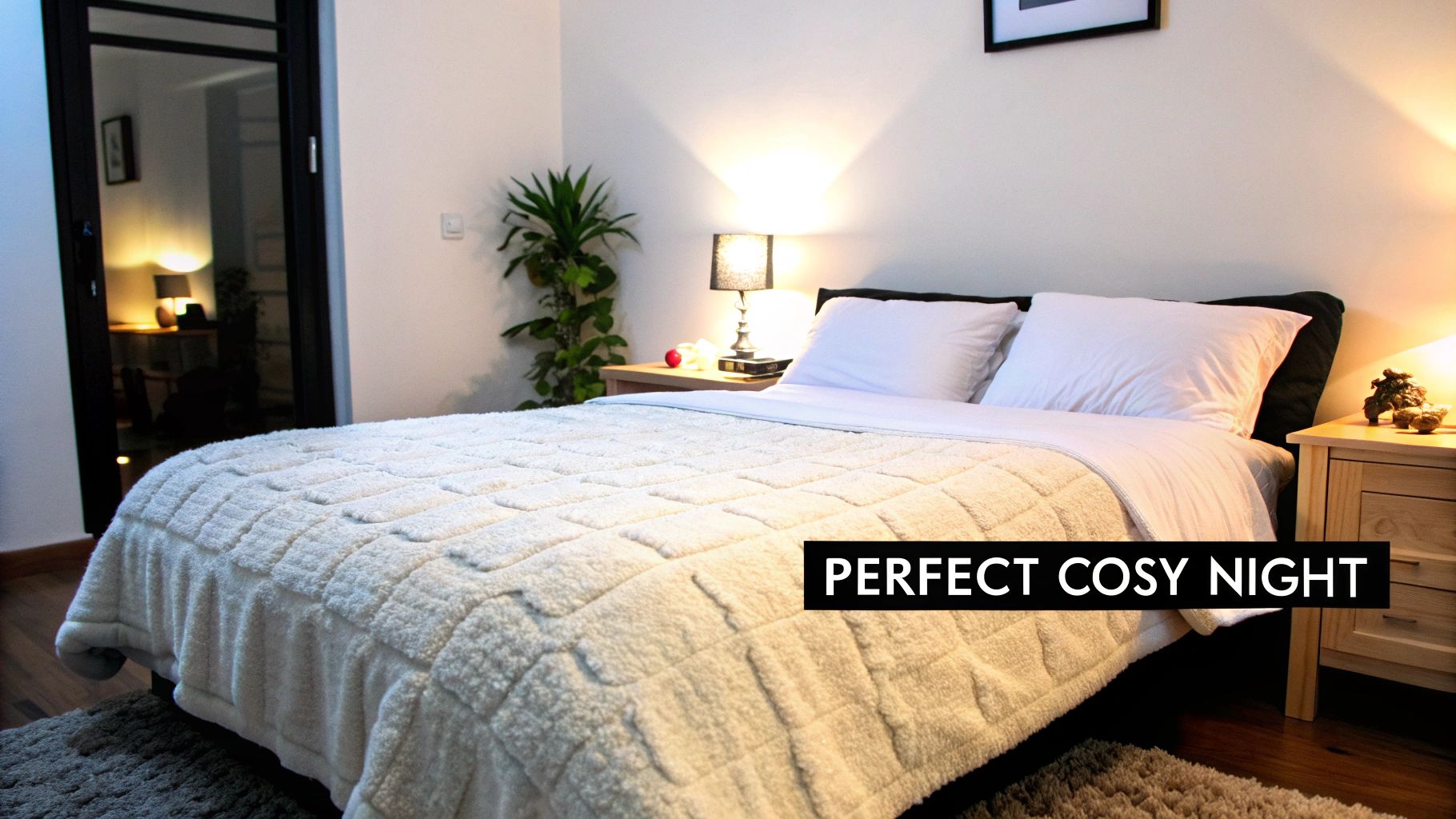 A cozy bedroom featuring a bed with a white fleece comforter, two nightstands, and warm lamps.