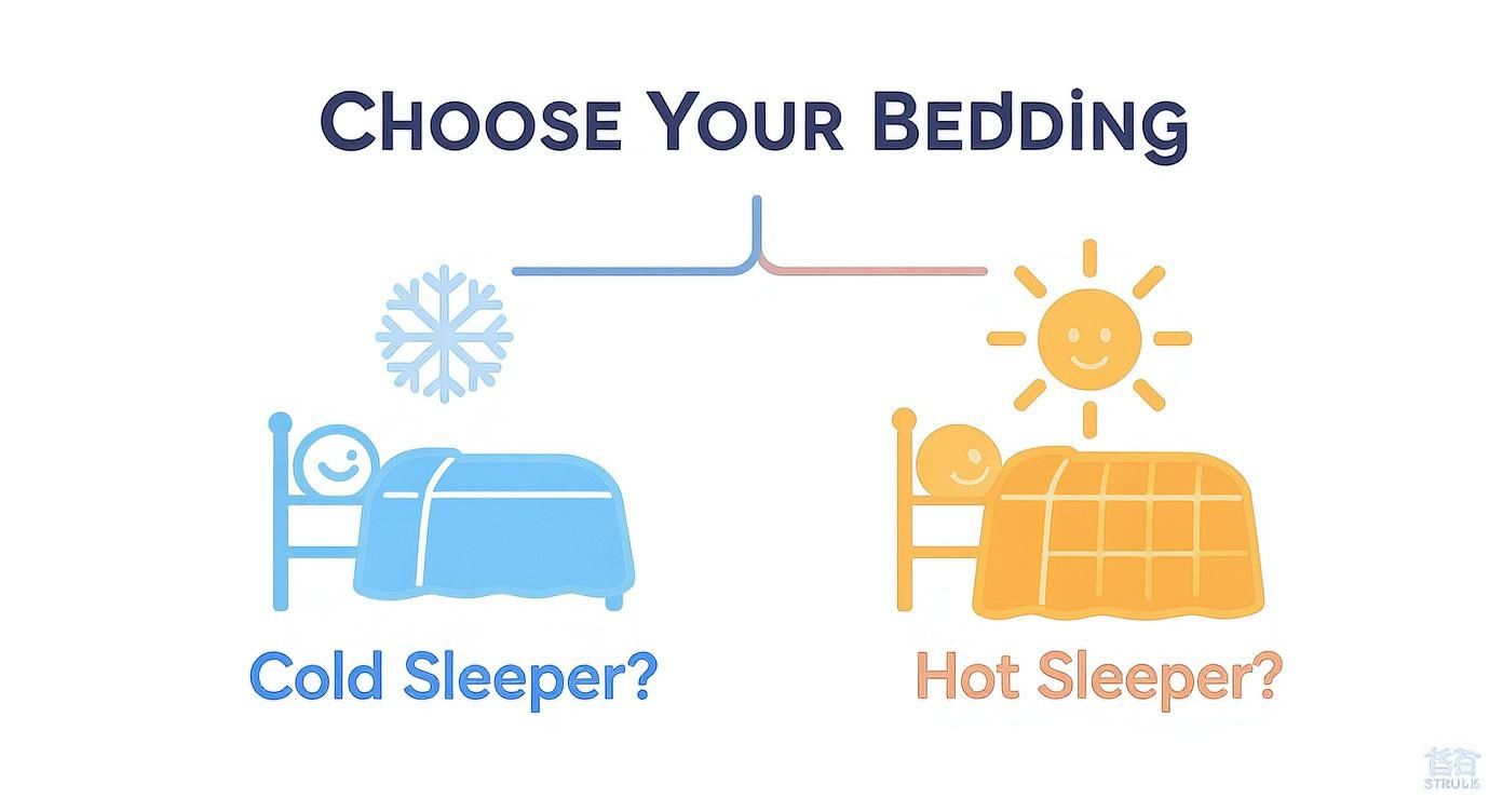 An infographic decision tree showing a snowflake icon pointing to 'Comforter' for cold sleepers and a sun icon pointing to 'Quilt' for hot sleepers.