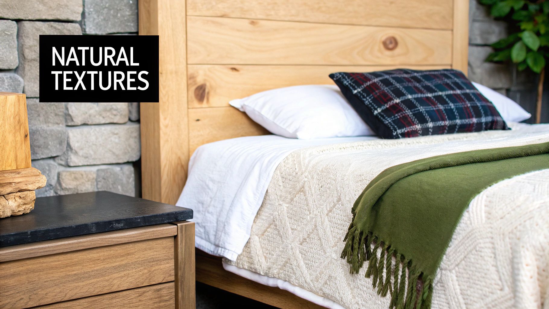 Cozy bedroom with natural wood furniture, white bedding, plaid pillow, and green throw blanket