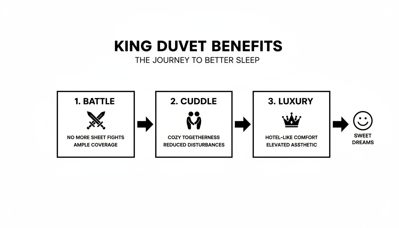 Diagram illustrating the benefits of a king duvet, offering ample coverage, comfort, and luxury.