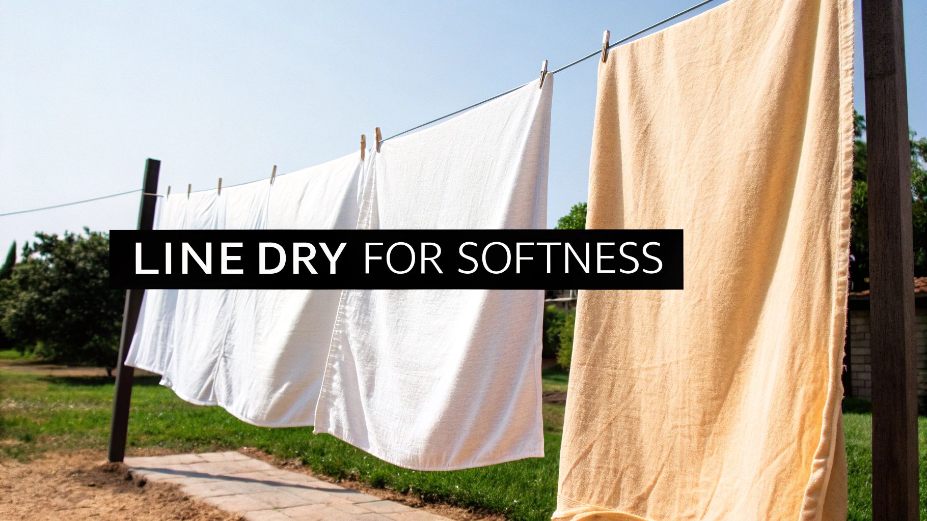 Linen sheets hanging on a clothesline to dry in the sun.