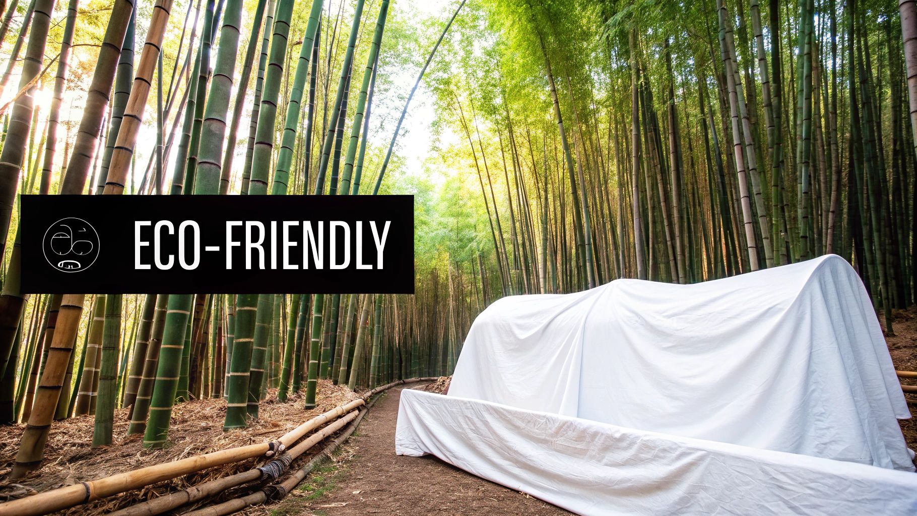 A neat stack of folded, clean bamboo sheets resting on a bed, with soft light highlighting their smooth texture.