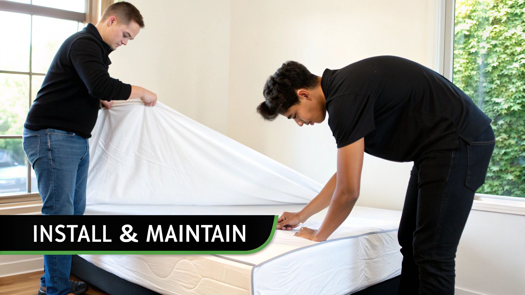 Two young men installing a white mattress protector on a bed, demonstrating setup and maintenance.