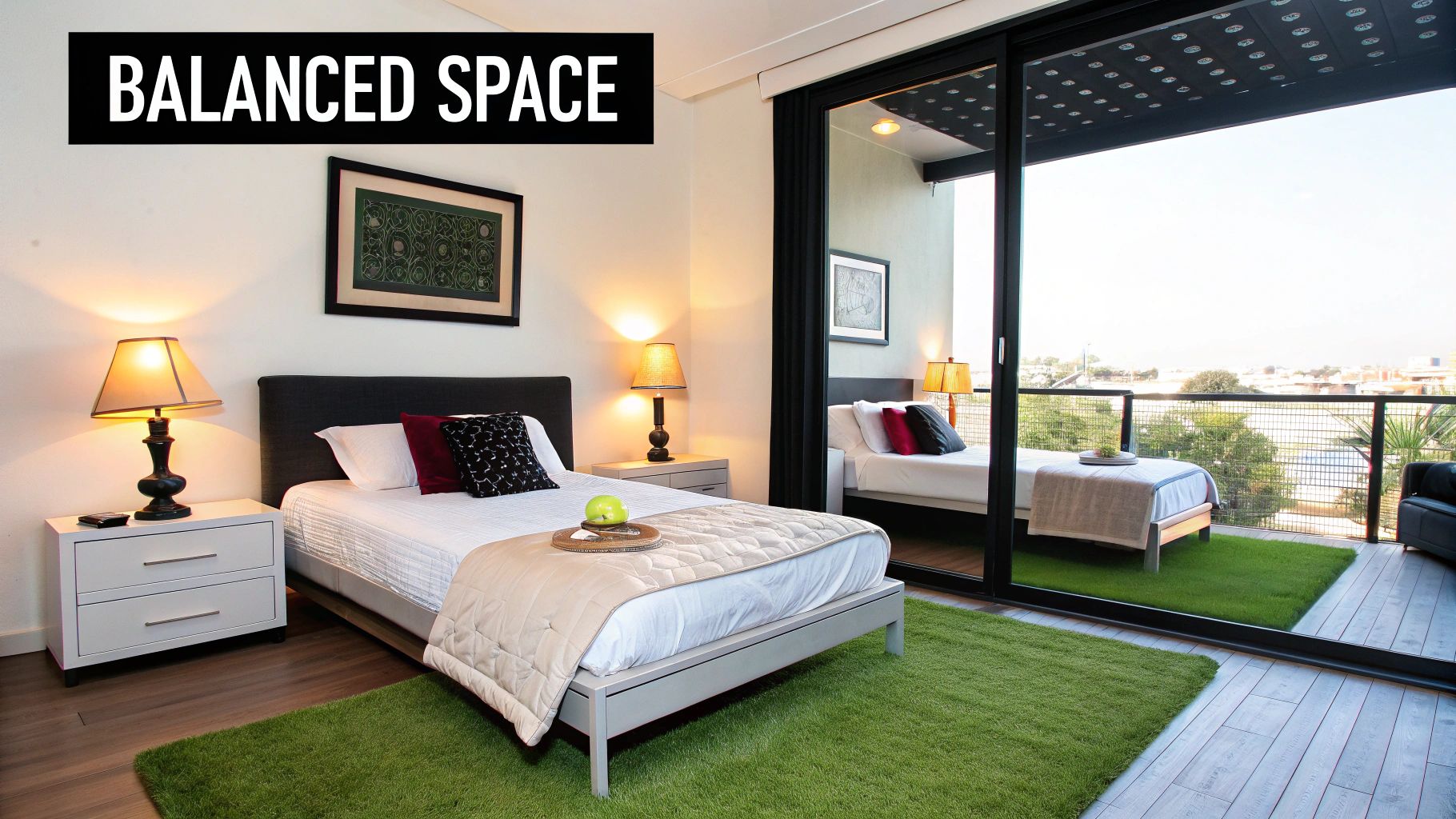 Modern bedroom with a bed, nightstands, and a green rug, leading to a balcony with another bed and city views.