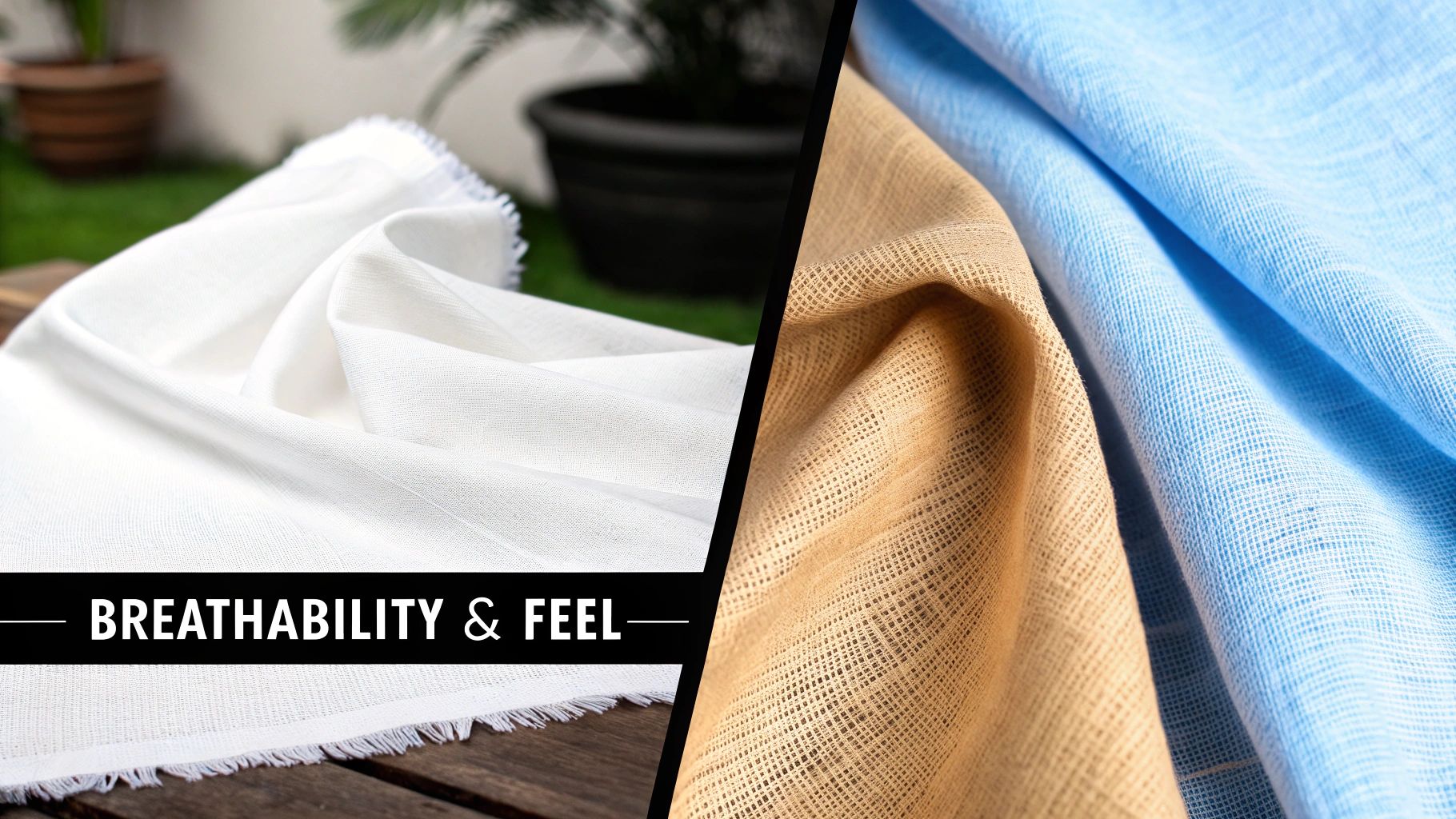 Textured white, beige, and blue fabrics showcasing breathability and feel, for textile comparison.
