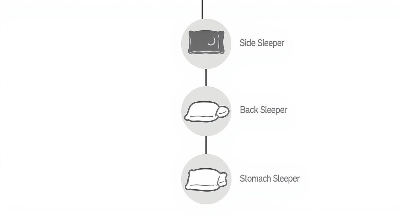 Diagram showing ideal pillows based on different sleeping positions: side, back, and stomach.