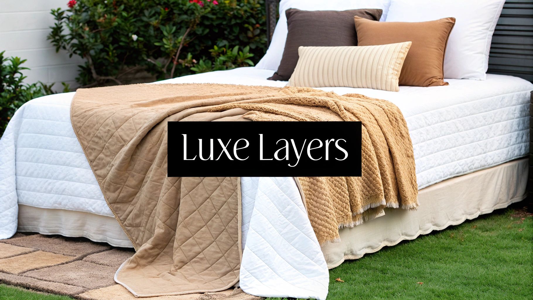 A beautifully styled bed with a beige and white comforter, layered with textured cushions and a throw.