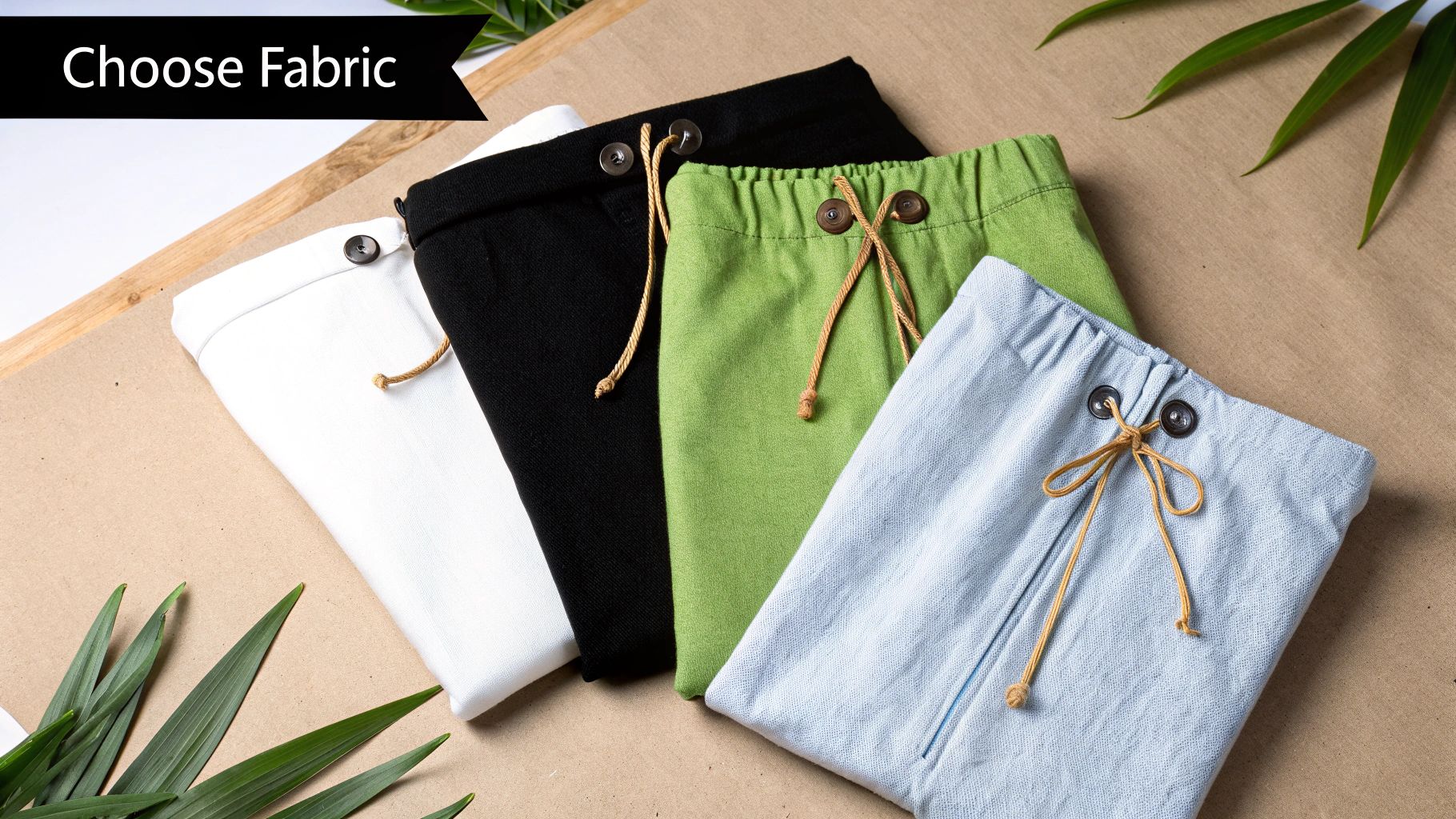 Four folded drawstring pants in white, black, green, and light blue fabrics arranged on kraft paper