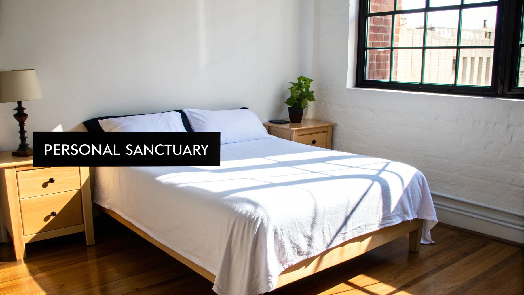 A sunlit bedroom with a white bed, wooden nightstands, a plant, and large windows offering an urban view.