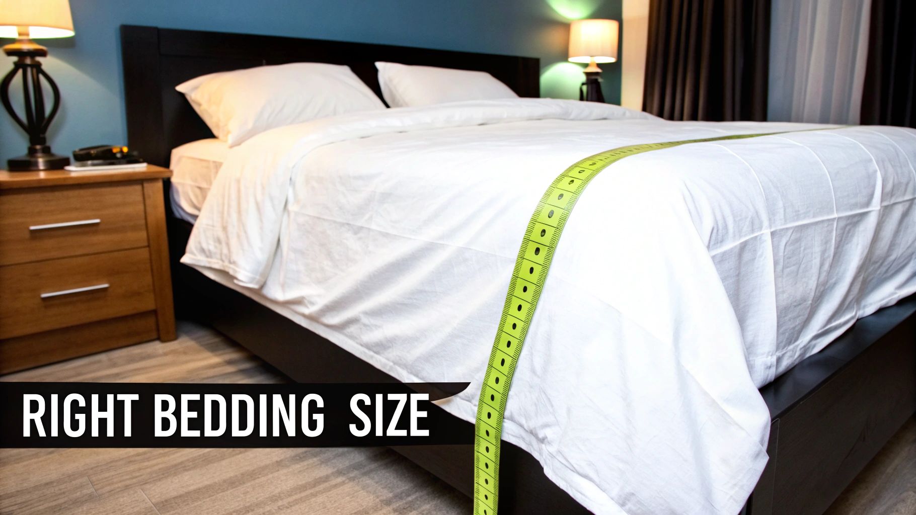 A neatly made bed with white bedding, featuring a green measuring tape for determining the right size.