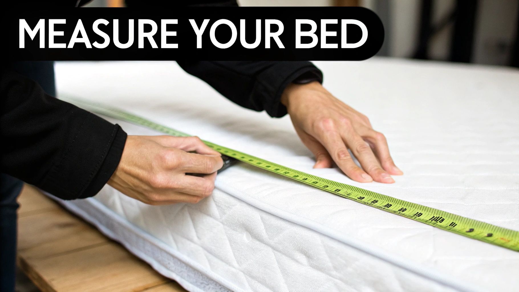 Person measuring bed mattress width with green measuring tape for duvet sizing