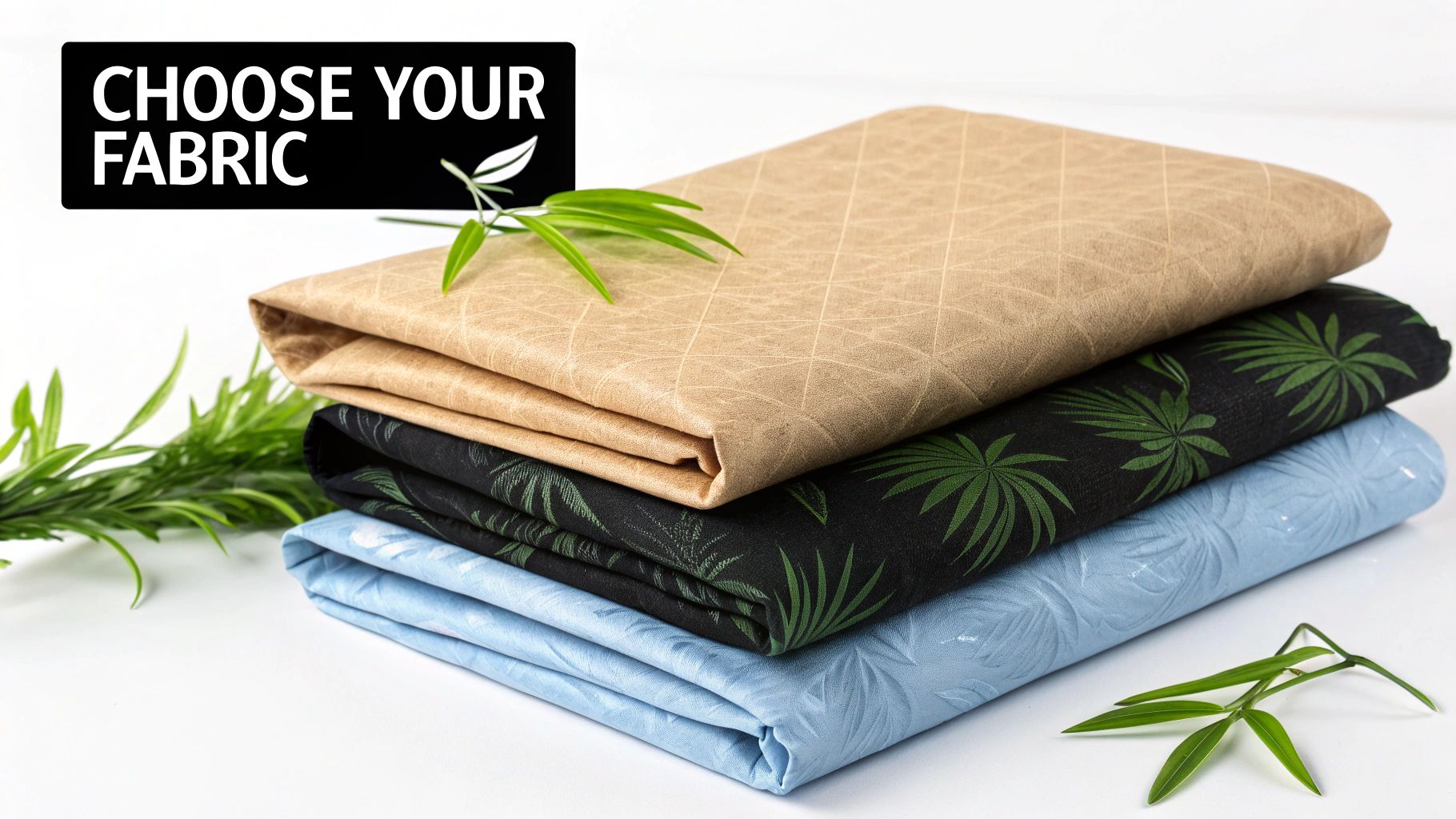 A stack of three folded fabrics: beige, black with green leaves, and light blue, with a 'CHOOSE YOUR FABRIC' sign.