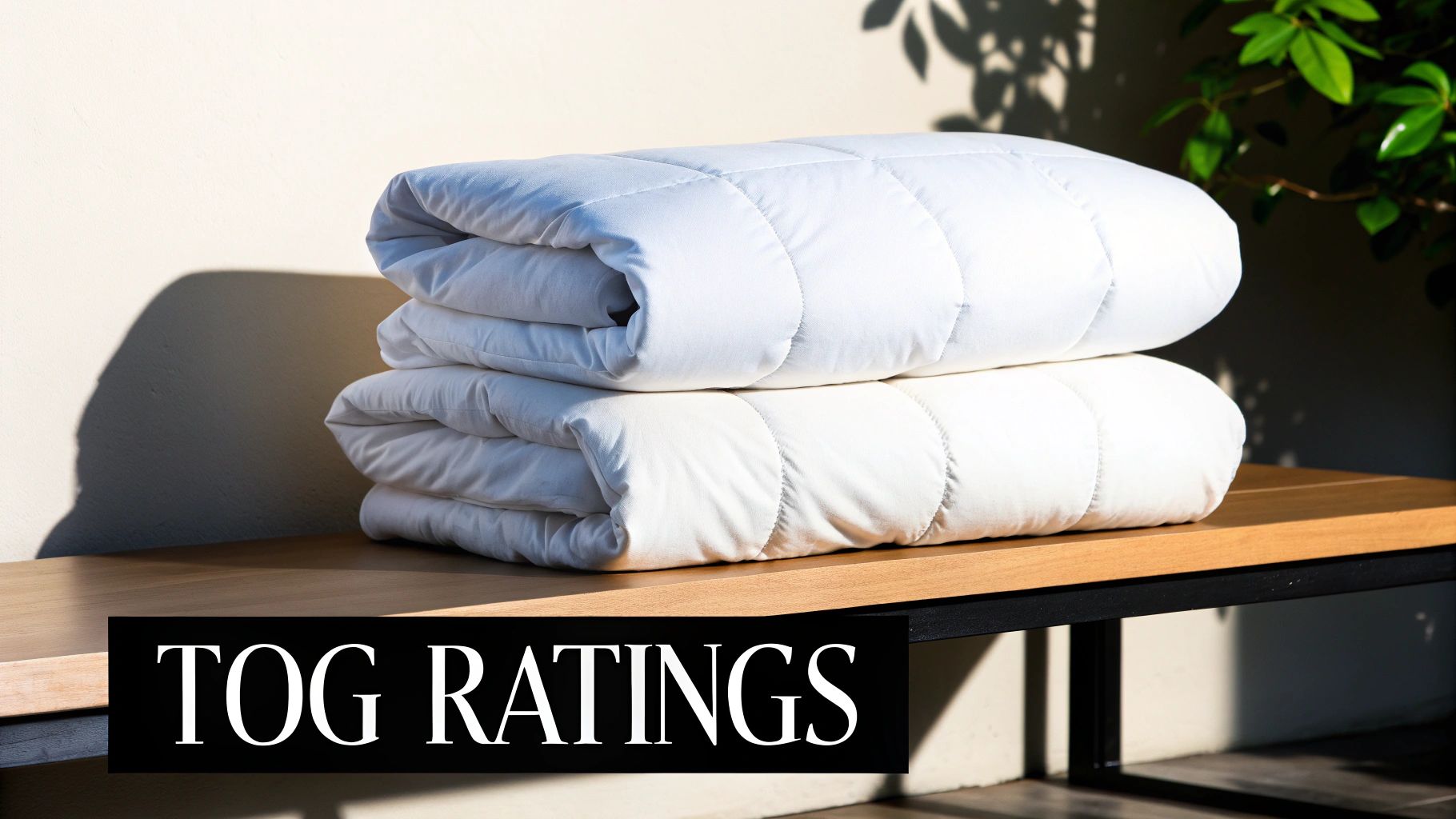 Two white quilted duvets or comforters stacked neatly on a wooden bench in sunlight.