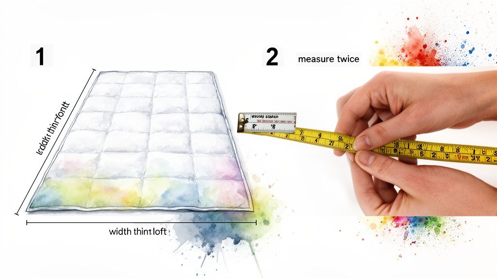 A diagram illustrates how to measure a quilt's length and width, showing a person measuring with tape.