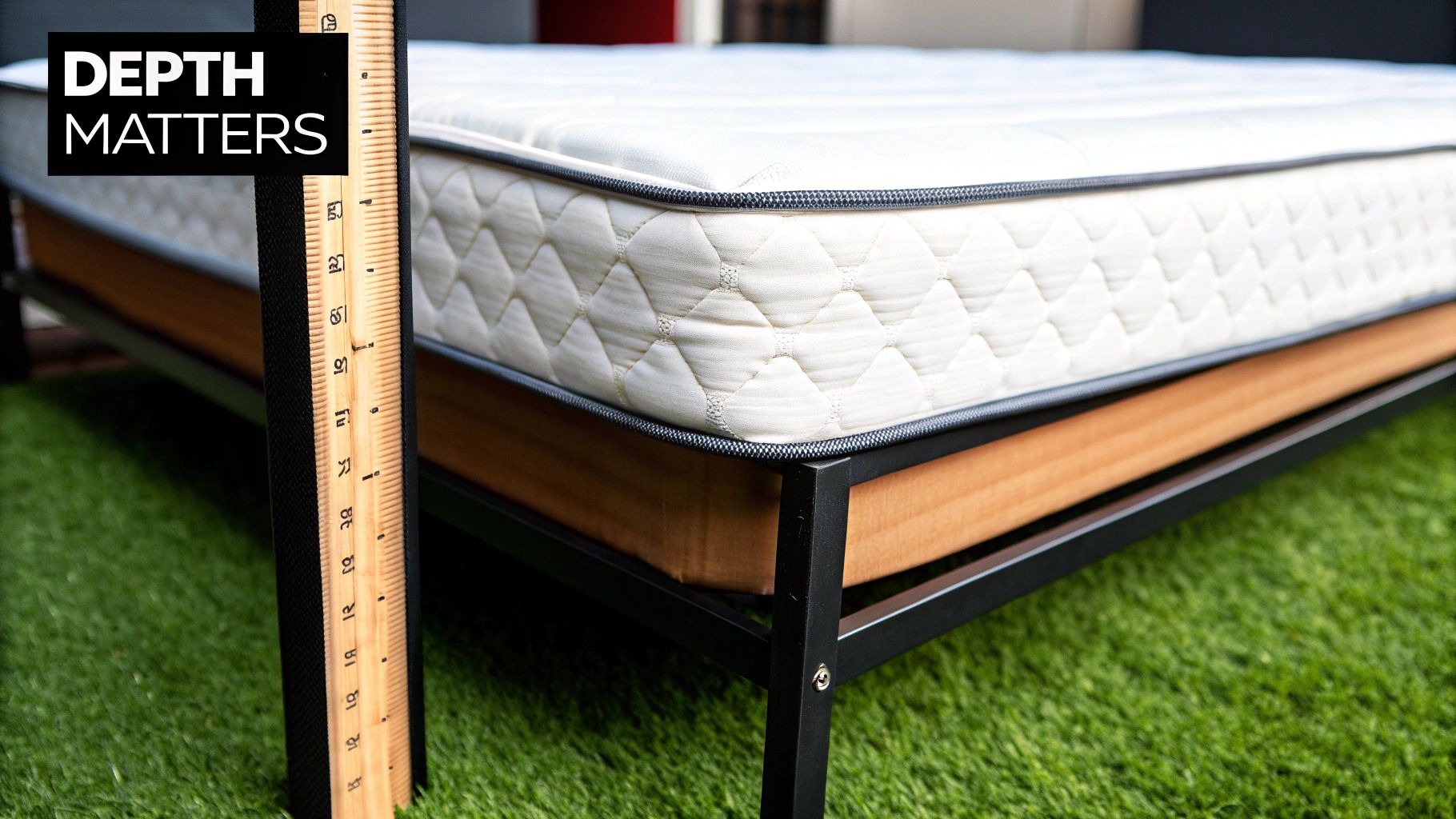 A ruler measures the depth of a white quilted mattress on a modern black and wood bed frame.