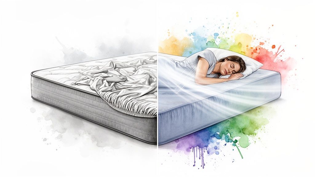 Split image showing a rumpled, grayscale bed and a woman sleeping peacefully on a fresh, colorful mattress.