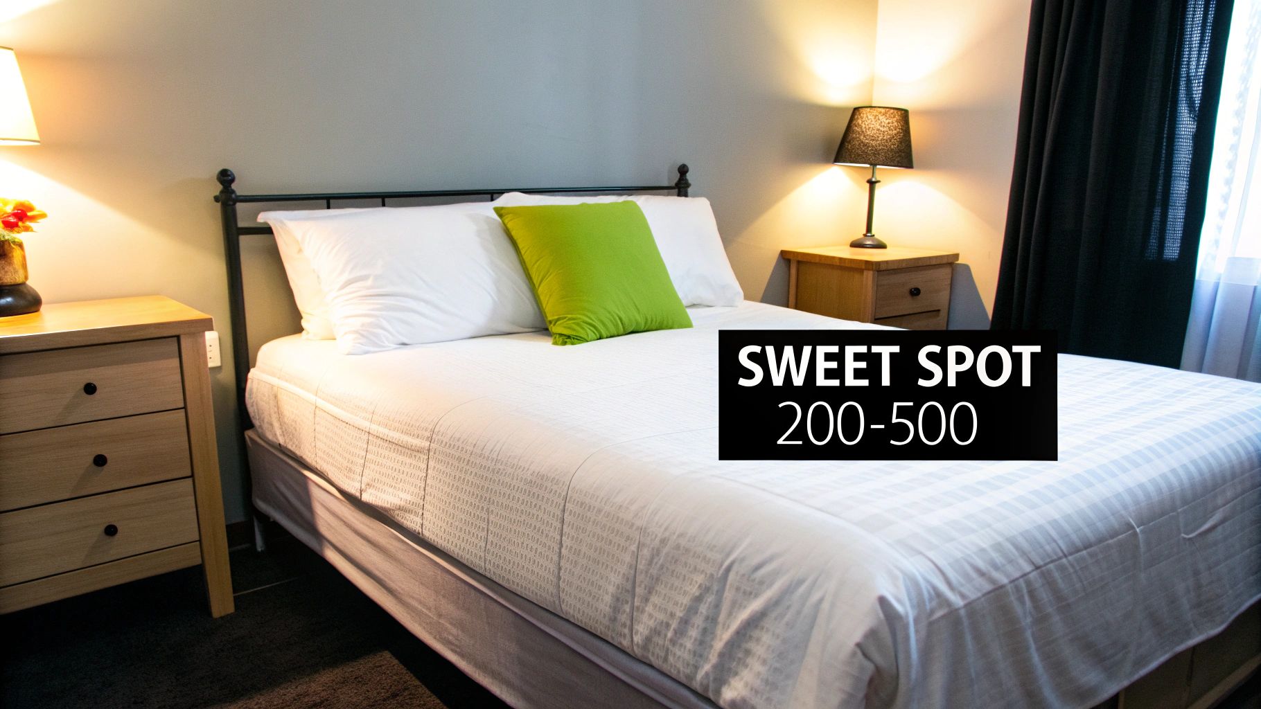 A neatly made bed with plush, comfortable-looking sheets and pillows.